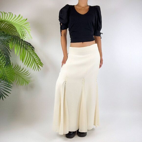 Vintage 90s Cream Cottagecore Classy Beaded Chiffon Pleated Maxi Skirt / 14 - Picture 1 of 6